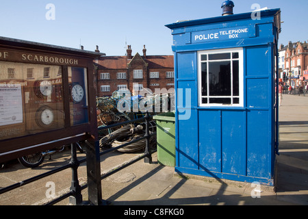 Old blue police telephone box on the seafront, Scarborough, Yorkshire, England Stock Photo