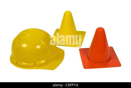 Hard hat with a pair of safety cones for designating caution and warning of danger - path included Stock Photo