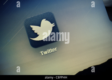 Macro shot of Twitter logo on the screen of Apple Ipad2. Twitter is one of the most used social networks to exchange short messa Stock Photo