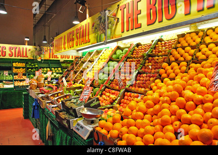 Indoor fruit and vegetable stall, Watford Market, Charter Place, Watford, Hertfordshire, England, United Kingdom Stock Photo