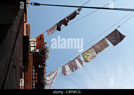 Clothes washing hanging out to dry, Venice Italy Stock Photo