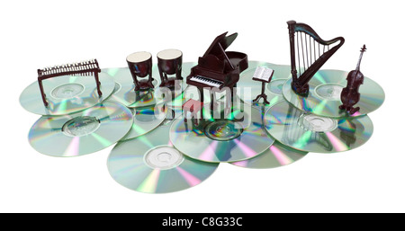 Music disks shown by a series of musical instruments on a several disks - path included Stock Photo
