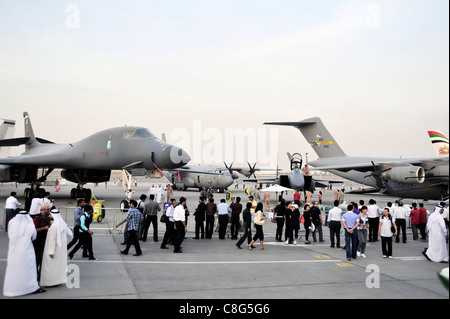 Crowds gather at Department of Defense static display aircraft Nov. 15, 2009 during the Dubai Air Show in the United Arab Emirates. The air show was held at the Dubai International Airport Expo and featured aircraft such as the B-1B Lancer, C-17 Globemaster III, F-15E Strike Eagle and the C-130J Hercules. Stock Photo