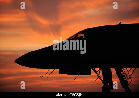 A B-1B Lancer assigned to the 37th Expeditionary Bomb Squadron waits on the flightline Stock Photo