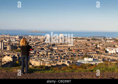 View towards Leith and the Firth of Forth from Calton Hill, Edinburgh, Lothian, Scotland, United Kingdom Stock Photo