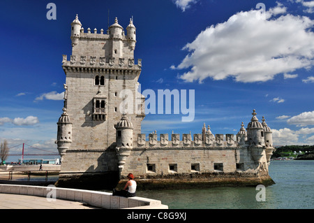 Portugal, Lisbon: Manueline Tower of Belém at the margins of river Tagus Stock Photo
