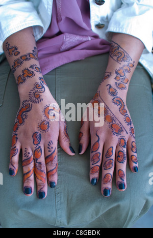 Somali woman's hands covered in henna tattoos, Addis Ababa, Ethiopia Stock Photo