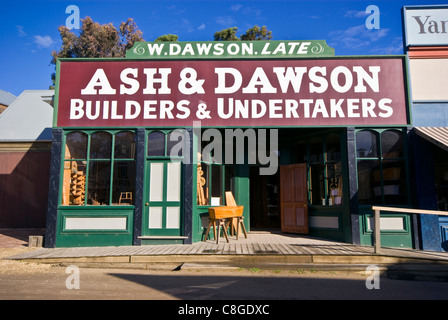 Coffins for sale at an undertakers shop in a gold mining town. Stock Photo