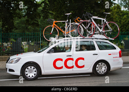 Bike racing team car with spare bicycles on the roof rack. Tour the Pologne, 2011. Stock Photo