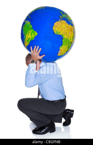 Photo of a businessman with a large globe on his shoulders, isolated on a white background. Stock Photo