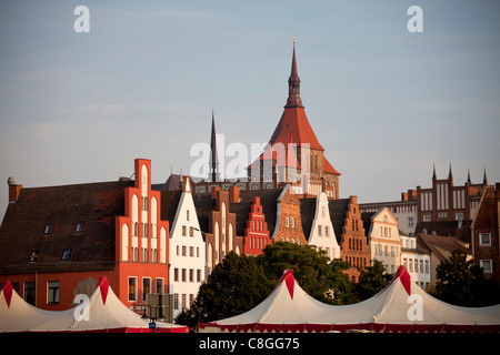 typical gables and St. Mary's Church Marienkirche in the Hanseatic city of Rostock,  Germany, Europe Stock Photo