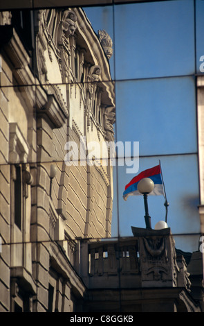 Belgrade, Serbia. Theatre - reflection of the flag on the wall. Stock Photo