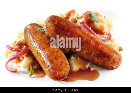 sausage & sage with onion gravy & mash Stock Photo