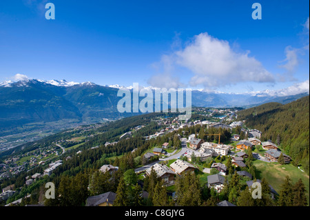 Switzerland, Europe, cloud, clouds, summers, wood, forest, tree, mountain, mountains, panorama, scenery, town, city, Valais, Cra Stock Photo