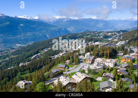 Switzerland, Europe, cloud, clouds, summers, wood, forest, tree, mountain, mountains, panorama, scenery, town, city, Valais, Cra Stock Photo