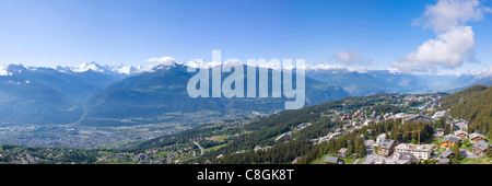 Switzerland, Europe, cloud, clouds, summers, wood, forest, tree, mountain, mountains, panorama, scenery, town, city, Valais, Cra Stock Photo