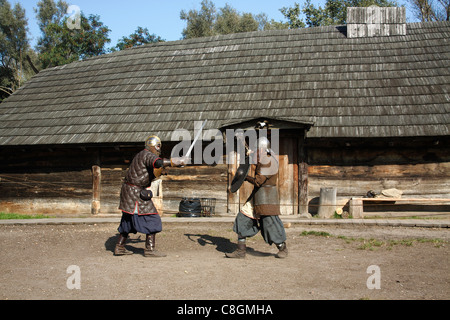 Jomsborg Vikings fighting with swords, Warsaw, Poland Stock Photo