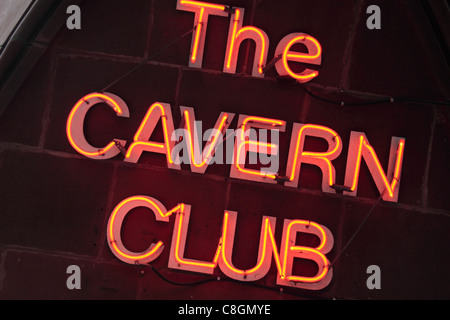 Neon sign leading into the world famous Cavern Club, where the Beatles first performed, Liverpool, England. Stock Photo