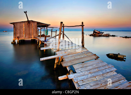 Stilt hut in the Delta of Axios (also know as 'Vardaris') river, Thessaloniki, Macedonia, Greece Stock Photo