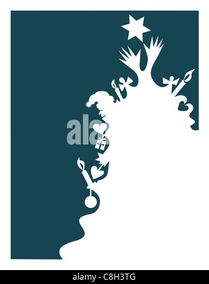 The Spirit of Christmas. An elegant silhouette illustration of a Christmas tree made up of all the classic Christmas decoration elements. No fuss. Stock Photo