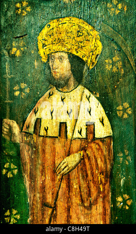 Ludham, Norfolk, rood screen, St. Walstan, holding scythe, the agricultural patron saint male saint saints English medieval Stock Photo