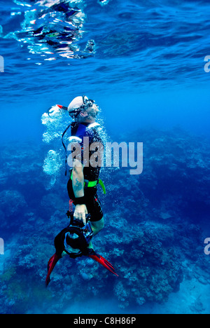 A free diver exhales through his snorkel as he surfaces from the deep. Stock Photo