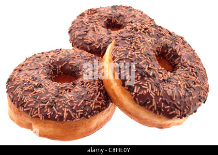 Three donuts with a chocolate topping isolated on a white background. Stock Photo