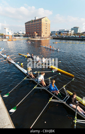 The Salford Watersports Centre and Holiday Inn Express at Ontario Basin, Salford Quays, Greater Manchester. Stock Photo