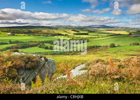 View across the Aln Valley near the town of Alnwick, looking across to the Cheviot Hills, Northumberland, England Stock Photo