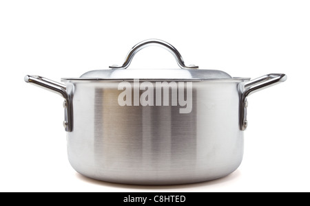 Silver cooking pot from low perspective isolated on white. Stock Photo