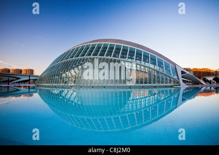 Spain, Europe, Valencia, City of Arts and Science, Calatrava, architecture, modern, Hemisferic, water Stock Photo