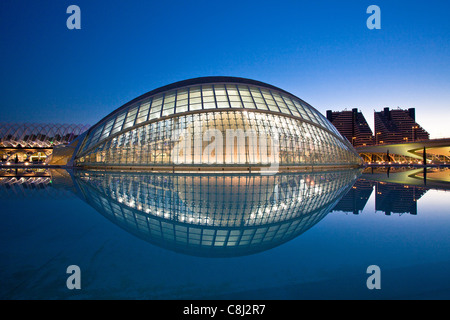 Spain, Europe, Valencia, City of Arts and Science, Calatrava, architecture, modern, Hemisferic, evening, water Stock Photo