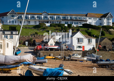 Boats drawn up on the beach at Hope Cove (Outer Hope) in South Devon Stock Photo