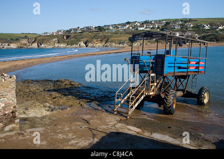 The Sea Tractor which transports people between Burgh Island and Bigbury on Sea when the tide has covered the causeway Stock Photo