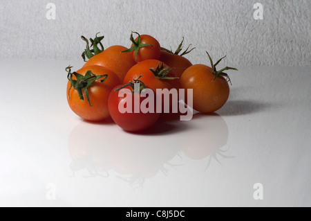 Homegrown tomatoes sitting on a white perspex board set against a white background. The tomatoes reflecting in the white perspex sheet.. Stock Photo