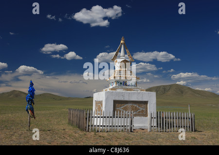 Stupa, Mongolia, Asia, religion, Buddhism, Buddhist, pilgrim, steppe, sacred place, sacred destination, believer, clouds, blue s Stock Photo