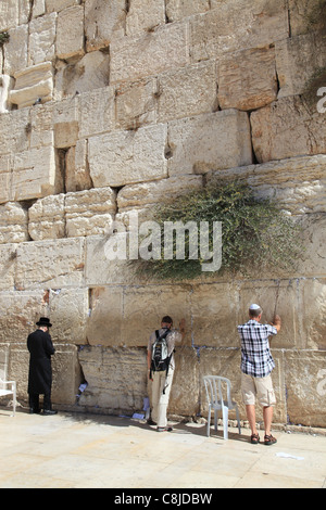 Jewish men praying at the Western Wall in Jerusalem Stock Photo