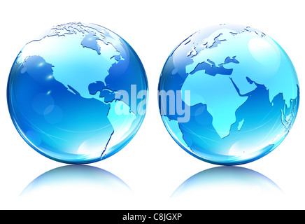 illustration of blue Glossy Earth Map Globes different angles Stock Photo