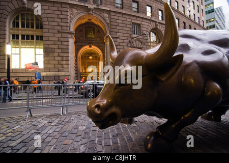 Financial District Bull Statue surrounded by barricades as protesters with US flags walk on the sidewalk on Broadway in New York Stock Photo