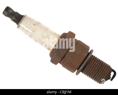 Old rusty spark plug, isolated on a white background. Stock Photo
