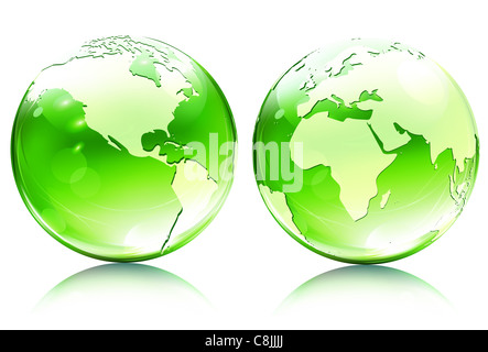 illustration of green glossy earth map globes in different angles Stock Photo
