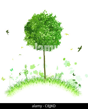 illustration of single tree on a stylised hill with grass and birds Stock Photo