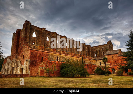 San Galgano is an old abbey without roof in Tuscany, close to Siena Stock Photo