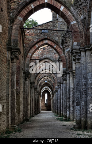 San Galgano is an old roofless abbey in Tuscany near Siena Stock Photo