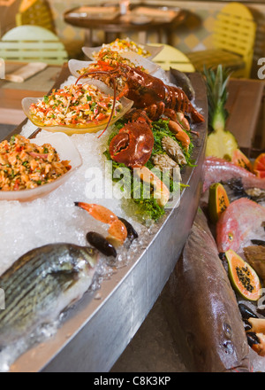 Seafood salads on buffet table in restaurant Stock Photo