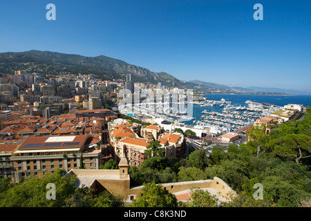 View of Port Hercule and the city and Principality of Monaco on the French Riviera along the Mediterranean coast. Stock Photo