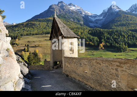 Access way to Tarasp Castle, Tarasp, Lower Engadin, Graubünden, Switzerland Stock Photo