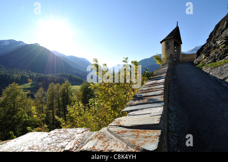 Access way to Tarasp Castle, Tarasp, Lower Engadin, Graubünden, Switzerland Stock Photo