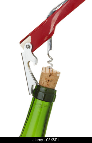 Wine waiters corkscrew cork and bottle isolated against white Stock Photo