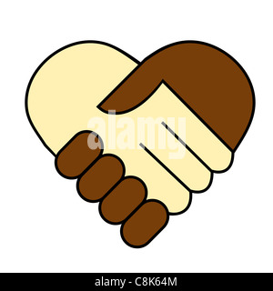 hand shake between black and white man, heart shaped symbol Stock Photo